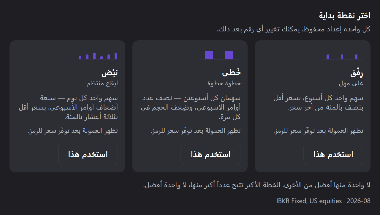 نقاط البداية الثلاث في شاشة إنشاء بوت أسهم: رِفْق وخُطى ونَبْض، ولكلٍّ منها عدد الأسهم وتكرار الشراء.