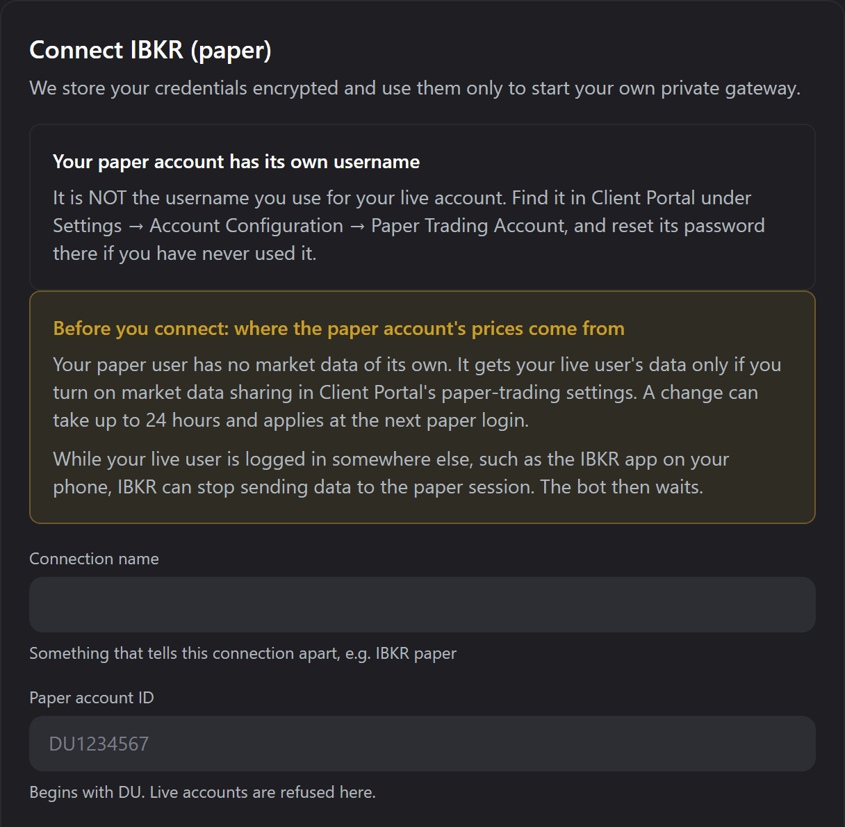 The form that connects an IBKR paper account: a name for it, the paper account id, the paper username and its password.