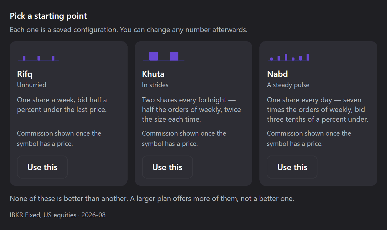 The three starting points on the new stocks bot screen — Rifq, Khuta and Nabd — each with its number of shares and how often it buys.